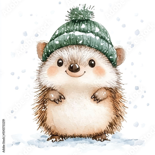 Adorable Hedgehog in a Winter Hat Watercolor Style