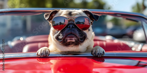 Patriotic Pug in Car,American Flag Sunglasses,Cool Dog Picture,Celebration Image,Pet in Auto Photo,Driving Pug,Summer Pup,Red Convertible