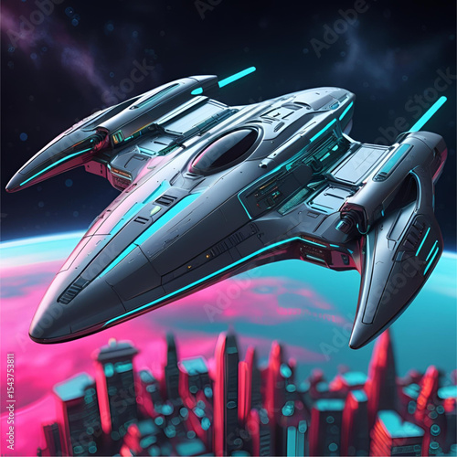 Futuristic interstellar warship flying in outer space with a ringed planet background.