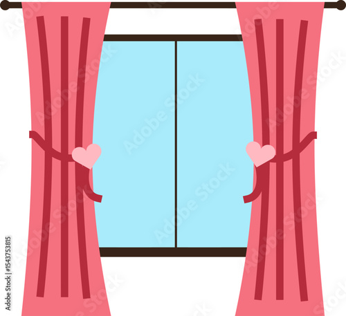 Window Adornment: Vibrant pink curtains frame a clear blue window, complete with delicate heart accents that celebrate a joyful, warm, and welcoming atmosphere.