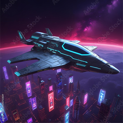  Concept art of a space cruiser with blue neon lights in a distant galaxy.
