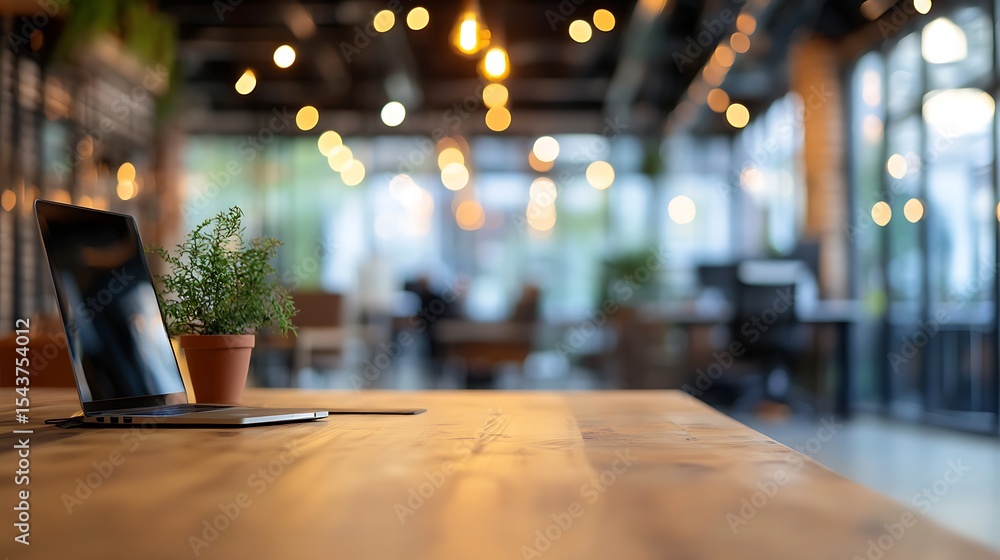 custom made wallpaper toronto digitalEmpty wooden desk with a laptop and a small plant, set against a beautifully blurred modern co-working space or office interior