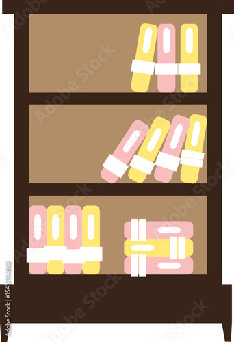 Library Bookshelf: A beautifully illustrated bookshelf, filled with colorful books, each bound and ready to store knowledge and imagination, evoking a sense of learning, storage, and home decor.