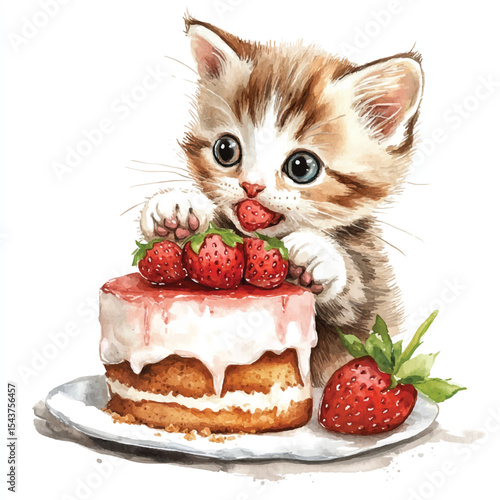 Adorable Kitten Devouring Strawberry Cake Watercolor