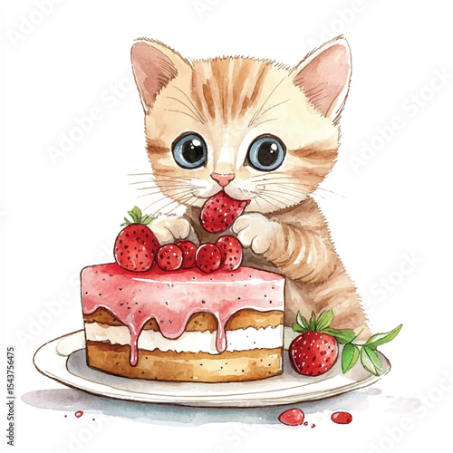 Adorable Kitten Devouring Strawberry Cake