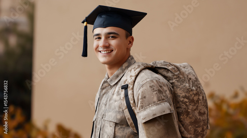 Smiling and confident young Hispanic man wearing camouflage uniform and graduation cap, GI Bill education concept