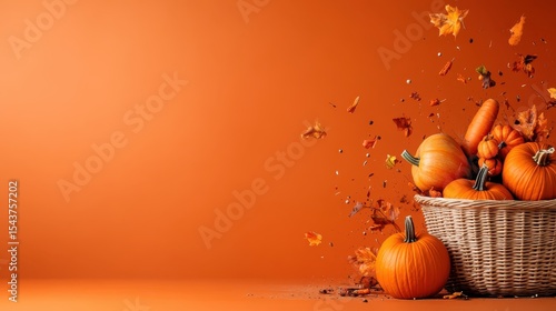 A vibrant array of orange pumpkins sits in a rustic woven basket, surrounded by autumn leaves, set against a warm orange backdrop, capturing the spirit of fall harvest time.