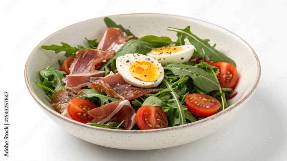 Delicious arugula salad with prosciutto, eggs, and cherry tomatoes in a bowl Delicious arugula salad with prosciutto, eggs, and cherry tomatoes in a bowl