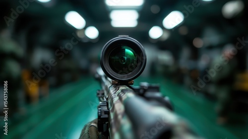 A striking close-up shot of a military sniper rifle with a precision scope, showcasing its intricate details against a blurred background of soldiers in action.
