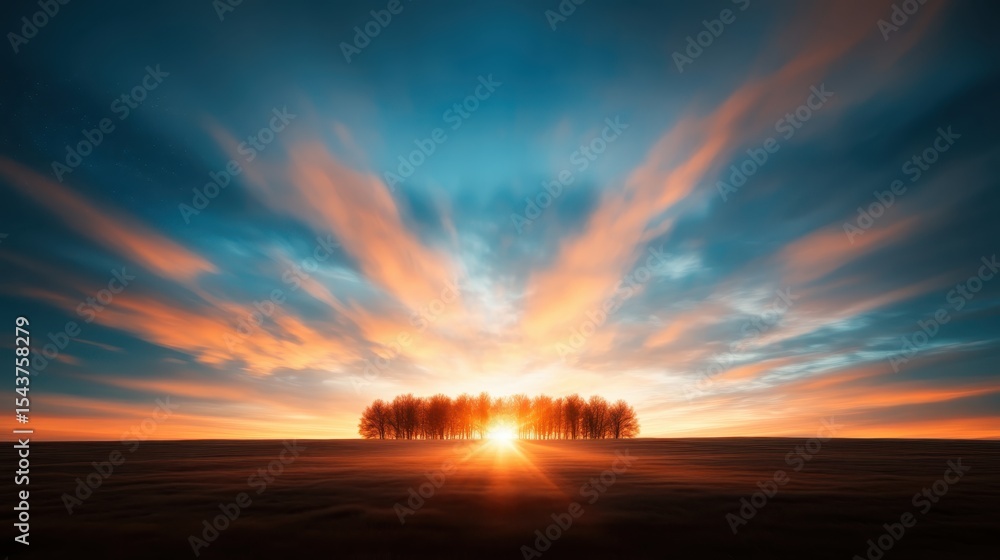 Obraz premium A stunning sunset paints the sky with dramatic colors, illuminating a serene landscape characterized by silhouetted trees, evoking feelings of peace and tranquility in nature’s beauty.