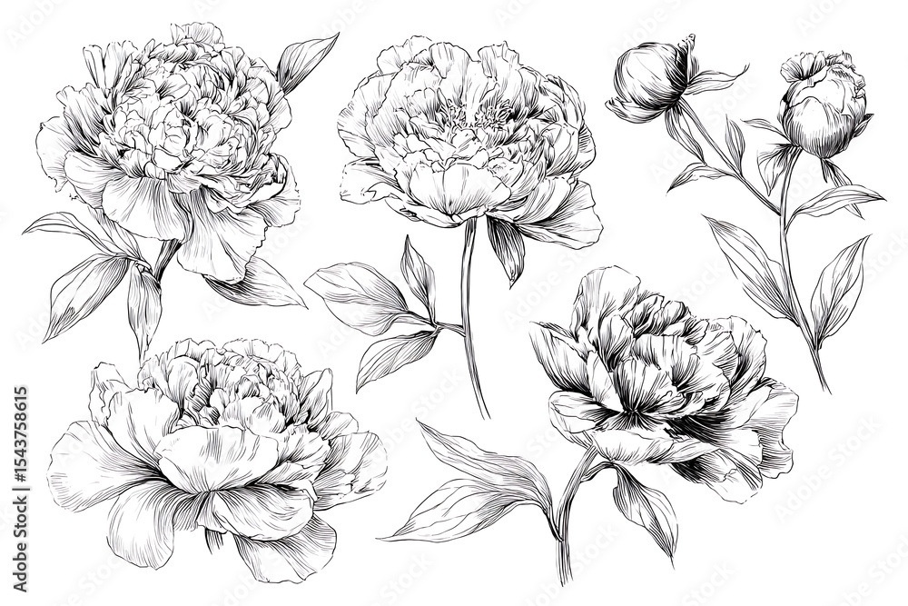 custom made wallpaper toronto digitalDetailed Pen and Ink Drawing Featuring Five Peony Flowers and Buds on White