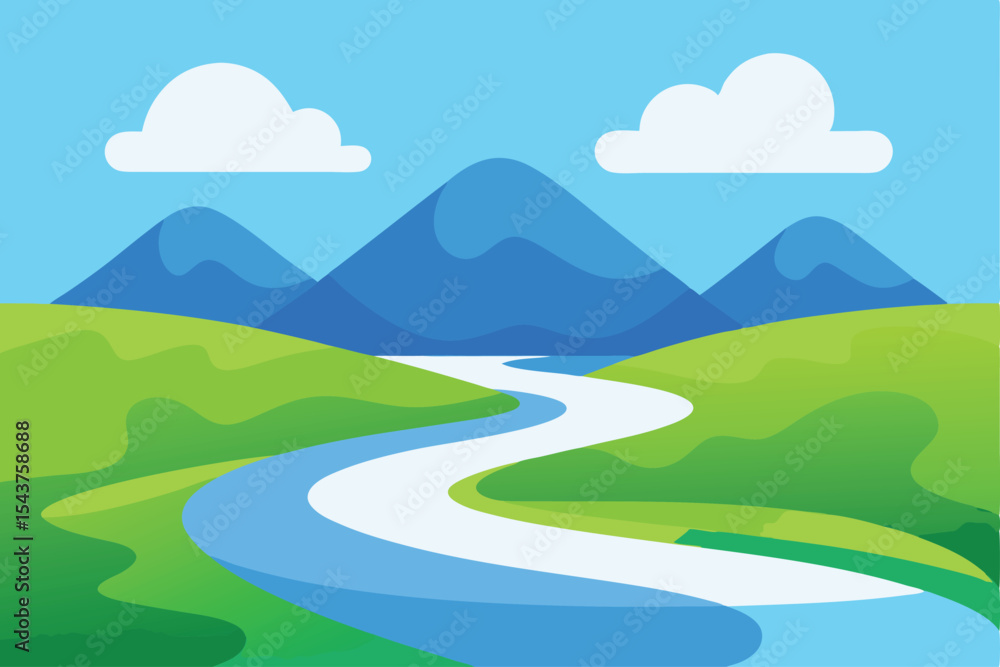 Fototapeta premium A stylized landscape depicting a river winding through green hills and mountains.