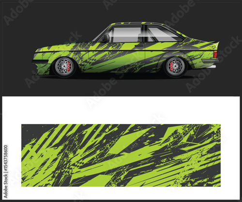 Red and Black Sport Car Wrap Design with Geometric Stripes