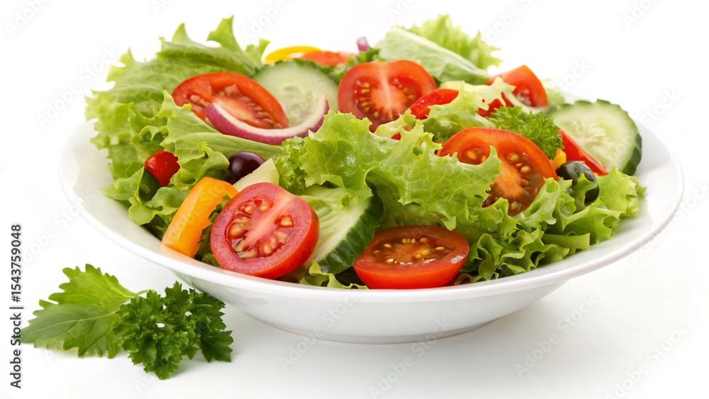 Fresh vegetable salad in white bowl: tomatoes, cucumbers, lettuce Fresh vegetable salad in white bowl: tomatoes, cucumbers, lettuce