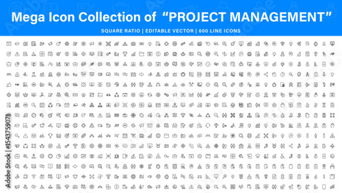 Project Management Mega icon collection. web icons in line style. Outline icon collection related to Schedule, human resource, management, development, planning, and more.
