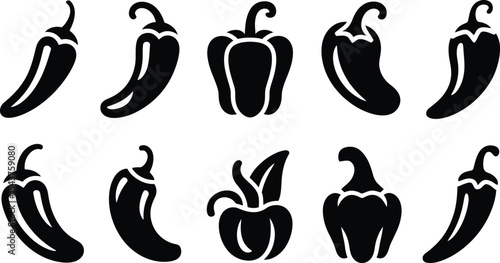 A collection of ten black silhouette pepper icons on a white background