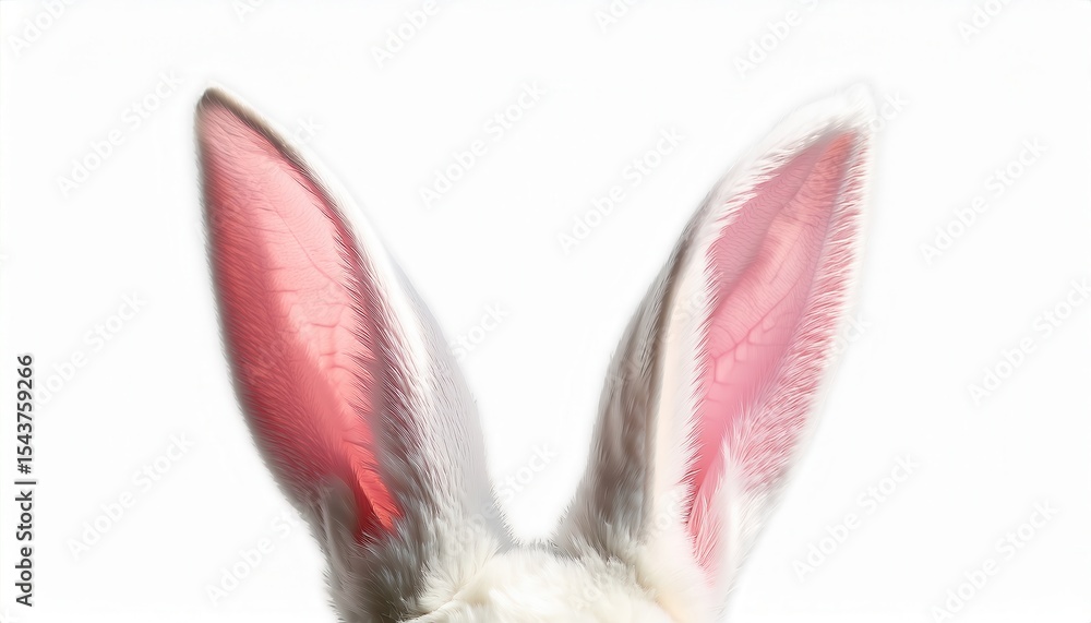 Obraz premium close-up of tall white bunny ears with soft pink inner fur on isolated white background for playful spring design, easter branding, or children’s print media