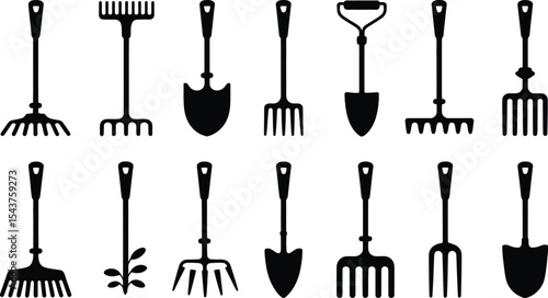 Silhouette illustration of various gardening tools on a white background