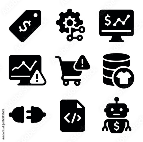E-Commerce Icon Grid. Solid, filled icons set of e-commerce pricing tools: digital price tag, algorithm