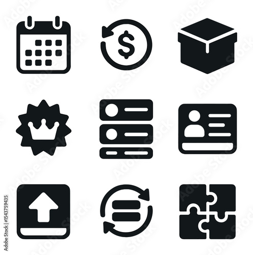 Subscription Icon Set. Solid, filled icons set of subscription pricing models: monthly calendar, recurring