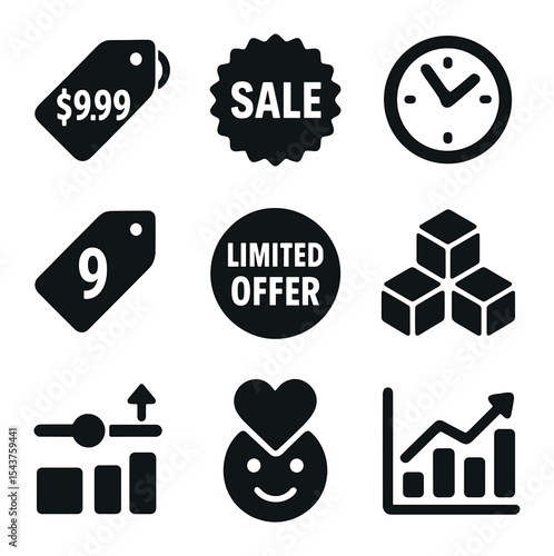 Psychological Pricing Icons. Solid, filled icons set of psychological pricing tactics: \$9.99 price tag, red