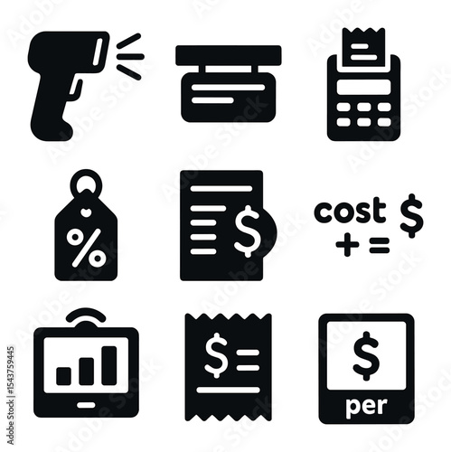 Retail Pricing Icons. Solid, filled icons set of retail pricing mechanisms: barcode scanner, shelf label,