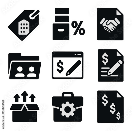 B2B Pricing Icons. Solid, filled icons set of B2B pricing models: enterprise license tag, bulk discount icon,