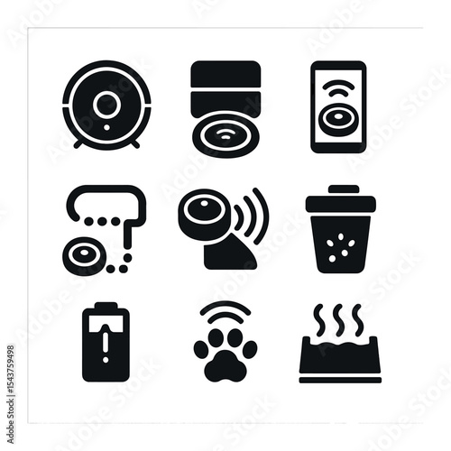 Robot Vacuum Icons. Solid, filled icons set of robot vacuums: circular vacuum robot, docking station, app