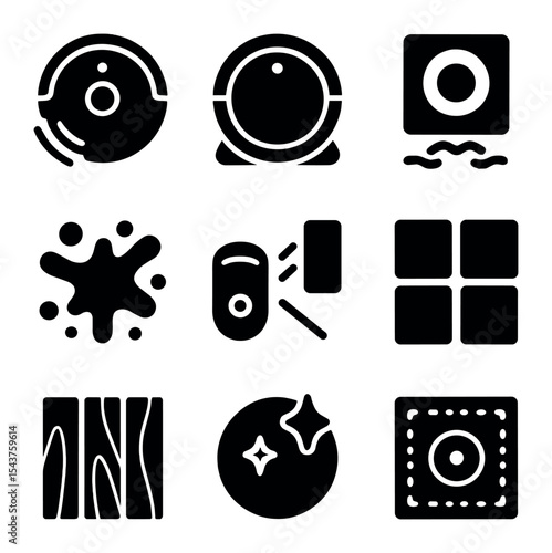 Automated Floor Care Icons. Solid, filled icons set of automated floor care: robot vacuum, mop robot, floor