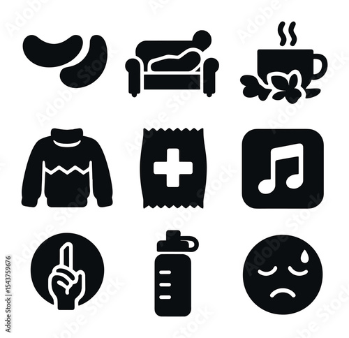 Post-Party Comfort Icons. Solid, filled icons set of post-party comfort: eye gel patches, sofa nap, ginger tea