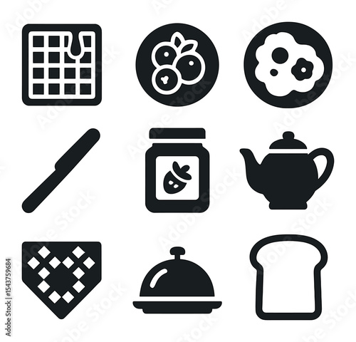 Festive Breakfast Icons. Solid, filled icons set of festive breakfast table: waffles with syrup, berry