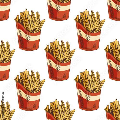 Hand drawn vintage seamless pattern of french fries in red paper box, vector fast food background