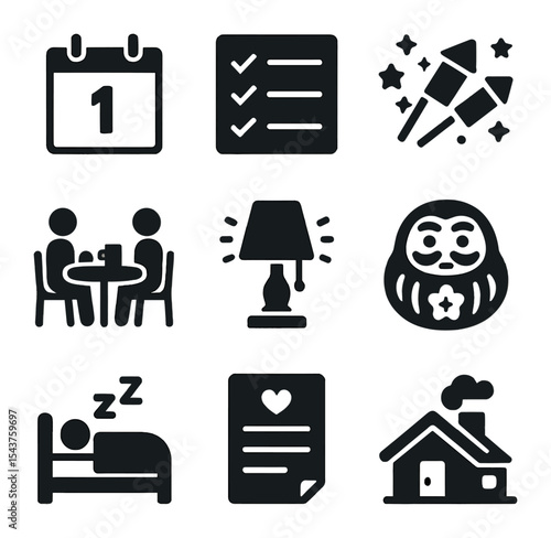 January Traditions Icons. Solid, filled icons set of January first traditions: new calendar, resolution list,