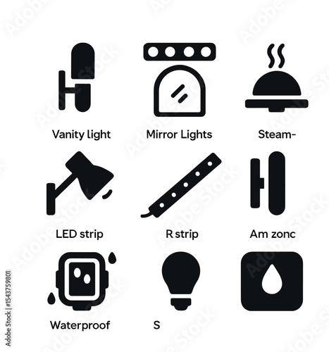Bathroom Lighting Icons. Solid, filled icons set of bathroom ambient lighting: vanity sconce, mirror lights,