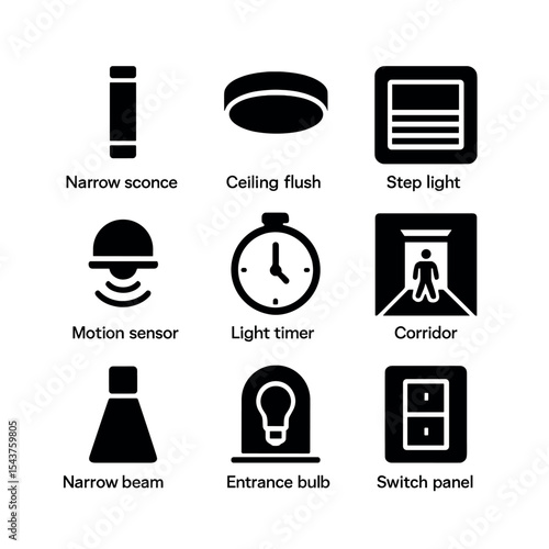 Hallway Lighting Icons. Solid, filled icons set of hallway lighting solutions: narrow sconce, ceiling flush