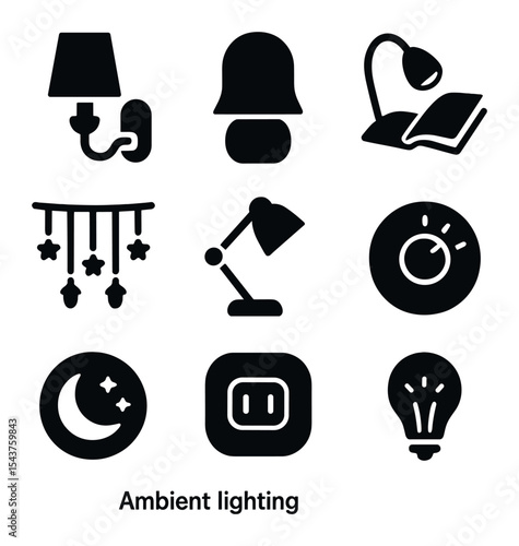 Bedroom Lighting Icons. Solid, filled icons set of ambient lighting for bedrooms: bedside sconce, low glow
