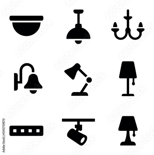 Lighting Fixture Icons. Solid, filled icons set of lighting fixture types: flush mount, pendant, chandelier,
