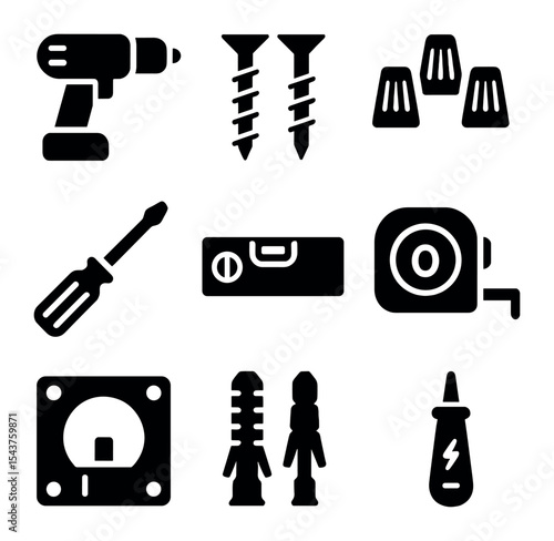 Lighting Installation Tools. Solid, filled icons set of lighting installation tools: electric drill, mounting