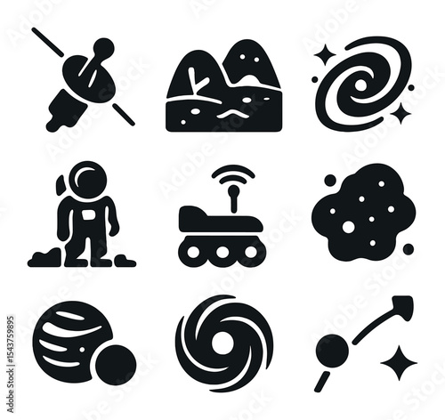 Interstellar Exploration Icons. Solid, filled icons set of interstellar exploration: space probe, alien