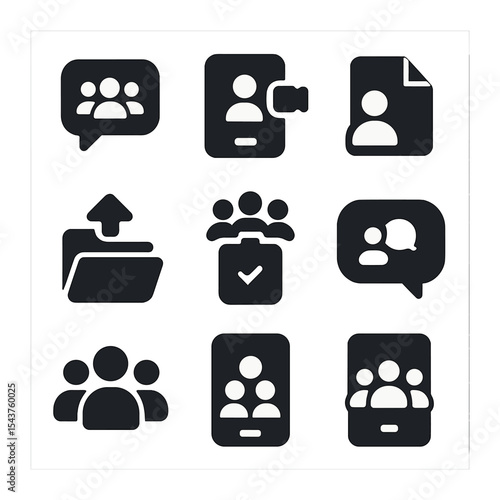 Mobile Collaboration Icons. Solid, filled icons set of mobile collaboration and teamwork: team chat, video