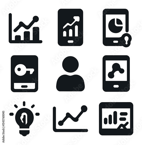 Mobile Analytics Icons. Solid, filled icons set of mobile analytics and insights: data graph, growth chart,