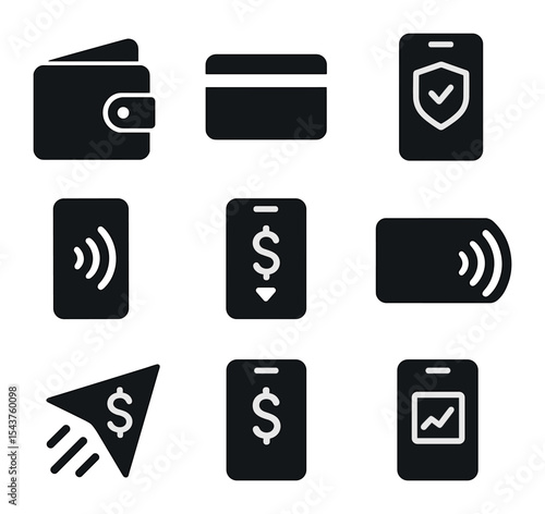 Fintech Icon Set. Solid, filled icons set of mobile payments and fintech: digital wallet, credit card icon,