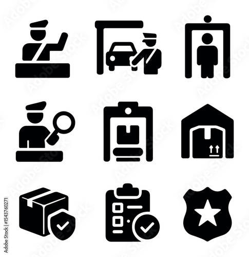 Customs Icons Set. Solid, filled icons set of customs and border control: customs icon, border check, secure
