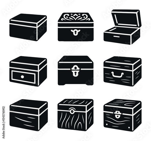 Handcrafted Jewelry Box Icons. Solid, filled icons set of handcrafted wooden jewelry boxes: wooden box, carved