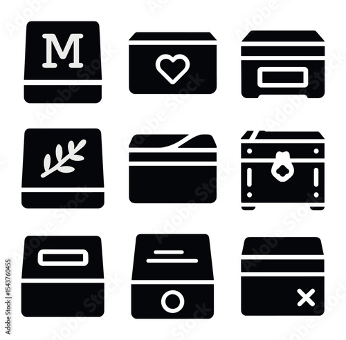 Customizable Wood Box Icons. Solid, filled icons set of customizable and personal wood boxes: monogram lid,