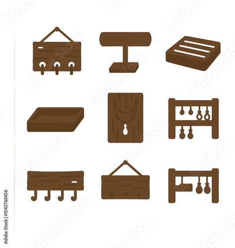 Artisan Jewelry Organizers Icons. Solid, filled icons set of artisan wooden jewelry organizers: hanging rack,