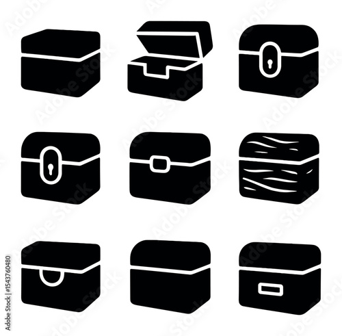 Tiny Treasure Box Icons. Solid, filled icons set of small wooden treasure boxes: tiny box, secret compartment,