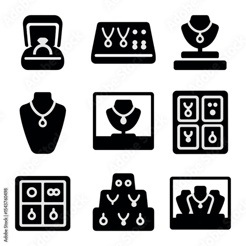 Jewelry Display Icons. Solid, filled icons set of jewelry display and arrangement: open box, display tray,