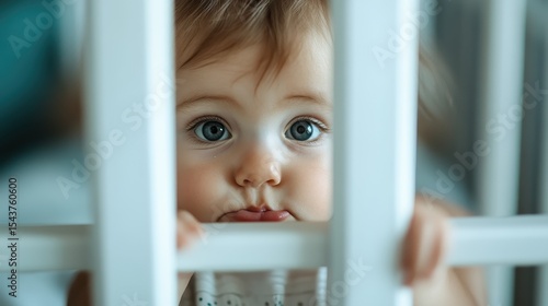 A curious baby peeking through crib bars, capturing innocence and wonder, inviting viewers into a heartwarming moment filled with joy and curiosity.
