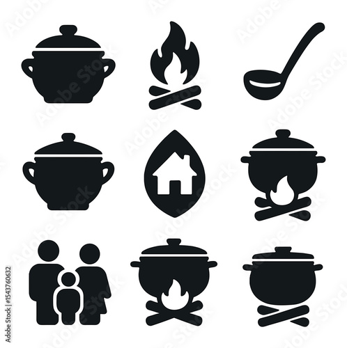 Traditional Cooking Icons. Solid, filled icons set of traditional stew cooking method: clay pot, wood fire,